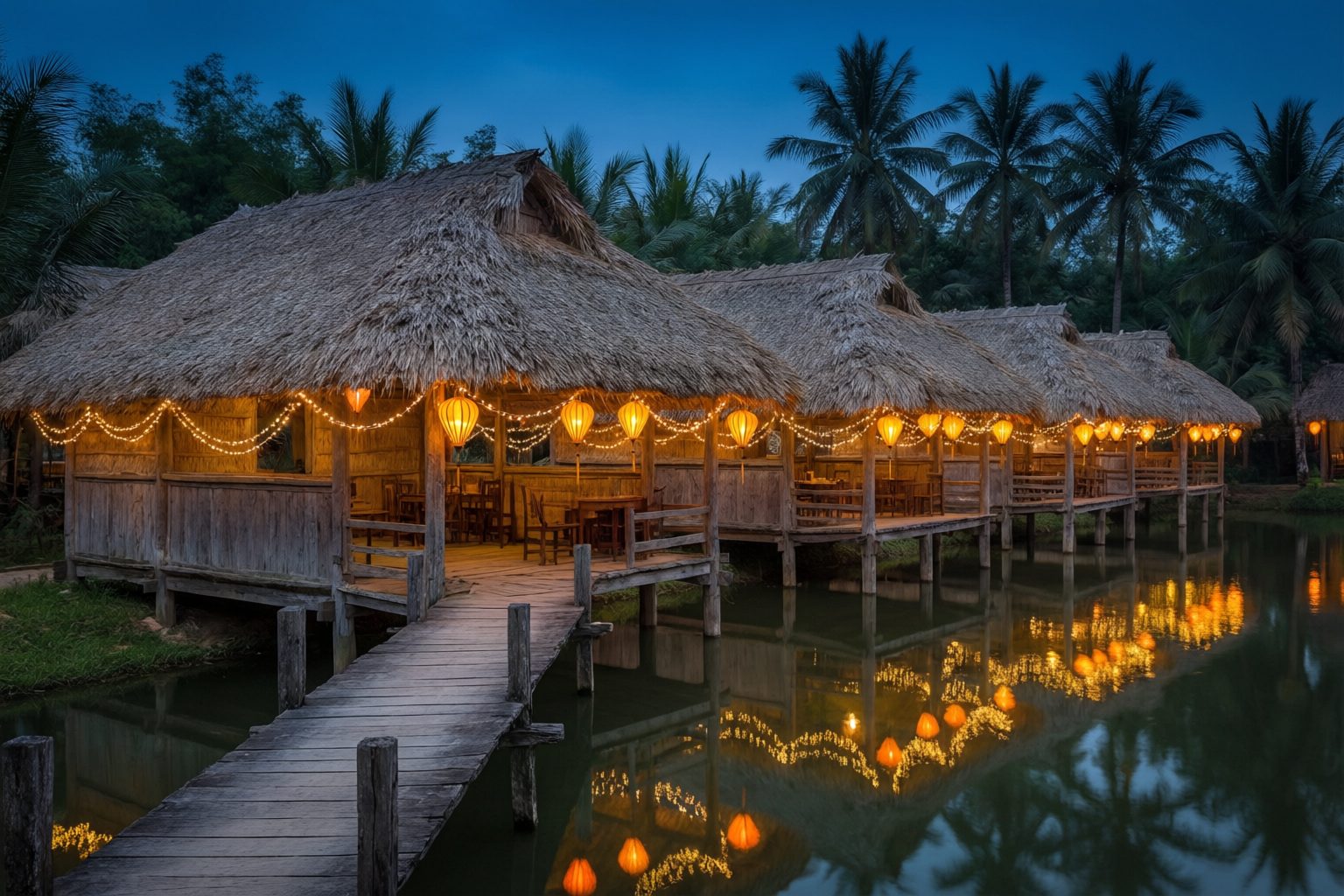 Dãy nhà lá trên ao về đêm